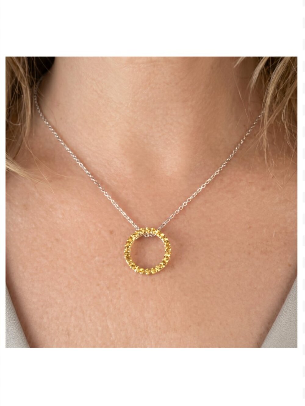 Avon Silver Tone Necklace | Yellow Topaz Rhinestone Circle Pendant